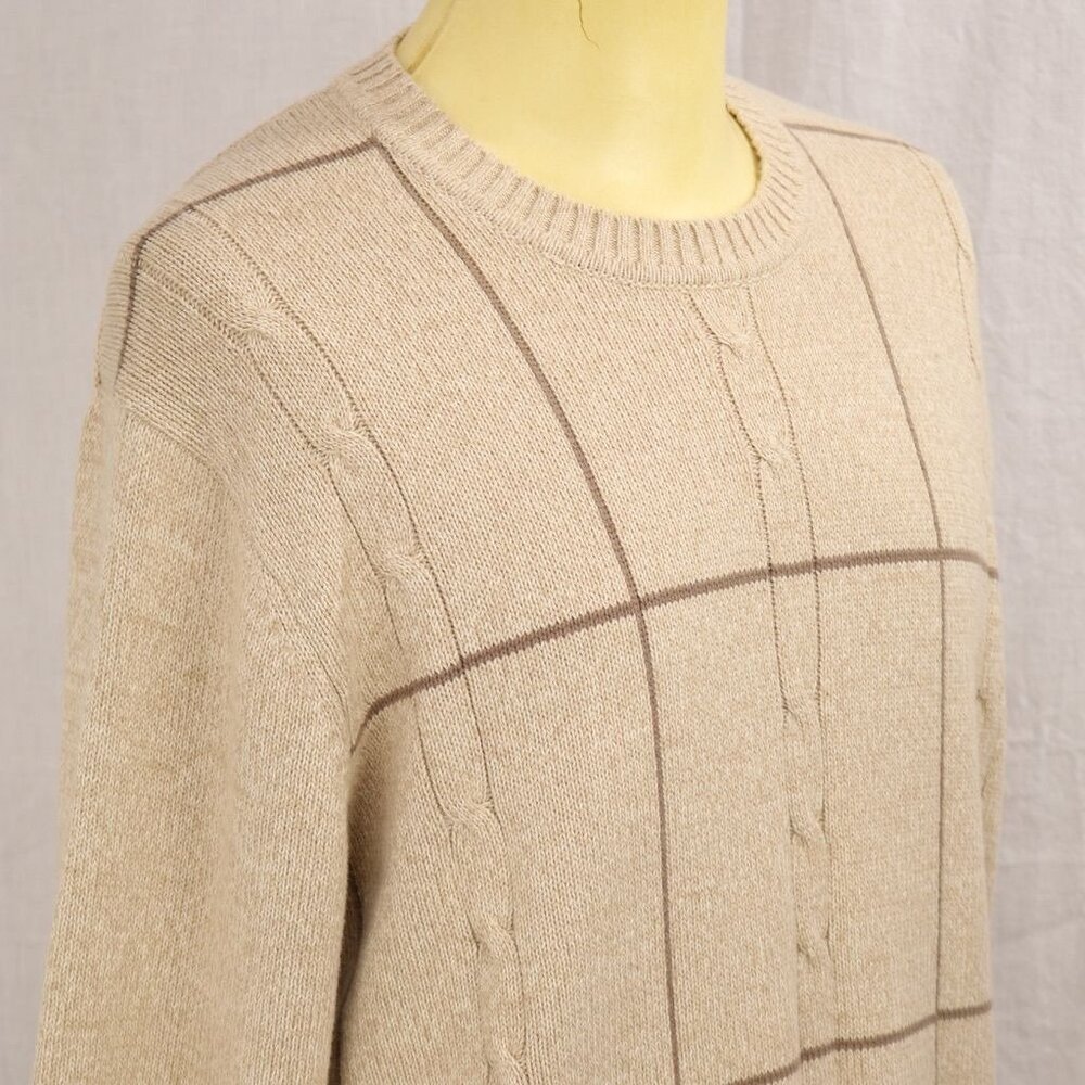 Dockers Men's Beige Sweater L Cable Knit Pullover Brown Striped Box Pattern VTG - Picture 9 of 12